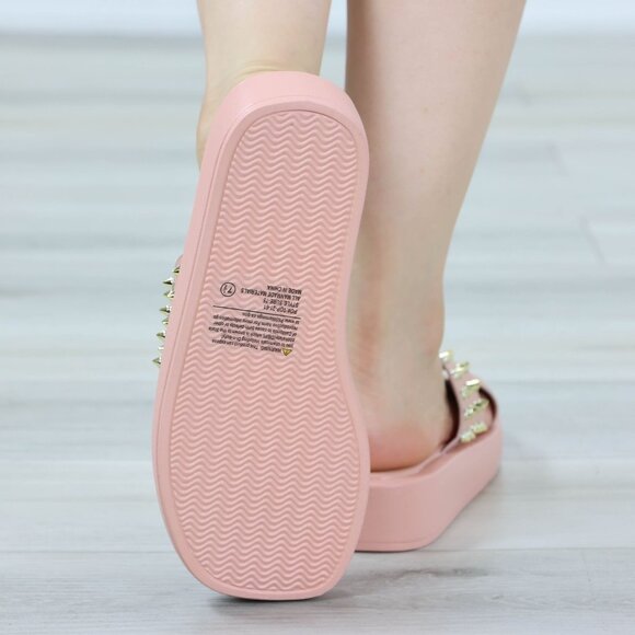 Pink Flat Sliders Sandals Slip On Faux Leather Gold Metal Stud Cross Over - Picture 6 of 14